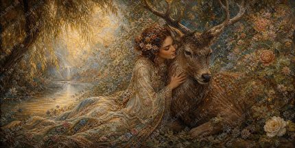 A 2 1 ultra detailed ethereal romantic miniature painting. Scene A woman with a heart shaped face, hazel eyes, deep auburn hair in an elaborate braided crown adorned with small flowers, warm olive skin tone, appearing in h (3)