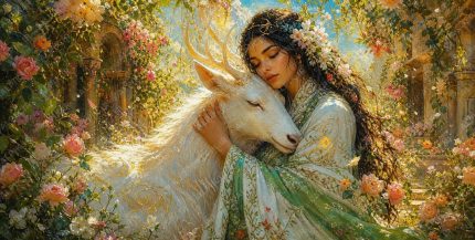 A 2 1 ultra detailed luminous dreamy fantasy illustration. Scene A woman with a heart shaped face, dark brown eyes, black hair flowing loose with flowers woven throughout, tanned skin, appearing in her early 30s with a tho (2)