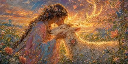 A 2 1 ultra detailed luminous dreamy fantasy illustration. Scene A woman with a heart shaped face, hazel eyes, chestnut hair in elaborate braids adorned with a floral wreath, tanned skin, appearing in her late 20s with a t (2)