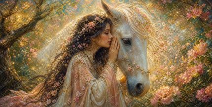 A 2 1 ultra detailed luminous dreamy fantasy illustration. Scene A woman with a long face shape, blue eyes, black hair flowing loose with small flowers woven throughout, fair skin with a golden glow, appearing in her late (2)