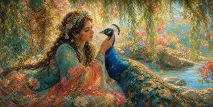 A 2 1 ultra detailed luminous dreamy fantasy illustration. Scene A woman with a round face shape, hazel eyes, dark brown hair in elaborate braids adorned with a floral wreath, wheat toned skin, appearing in her late 20s wi (2)
