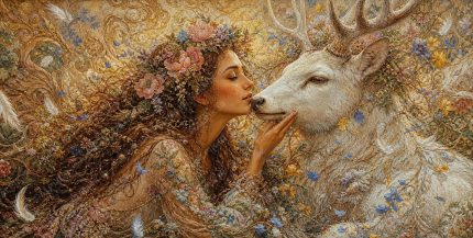A 2 1 ultra detailed organic fantasy illustration in ethereal romantic miniature painting style. Scenario A woman with vibrant floral wreaths in her hair, leaning in to kiss a majestic white stag, while soft white feathers and