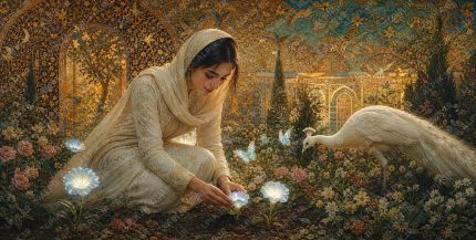 A 2 1 ultra wide museum quality masterpiece. Original narrative A young graceful Iranian woman in elegant conservative Persian garments (high collar covering neck and chest, long sleeves to wrists, flowing floor length fab (3)