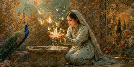A 2 1 ultra wide museum quality masterpiece. Original narrative A young graceful Iranian woman in elegant conservative Persian garments (high collar covering neck and chest, long sleeves to wrists, flowing floor length fab (7)