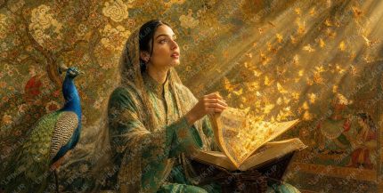 A breathtaking 2 1 museum quality masterpiece seamlessly blending classical Persian miniature painting with stunning photorealism. The scene captures a young graceful Iranian woman in elegant conservative Persian garments with