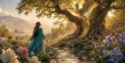 A breathtaking 2 1 ultra detailed cinematic Persian mythological fine art masterpiece blending ancient Persian miniature painting composition with high end cinematic photography realism. Shot with 50mm immersive portrait perspe