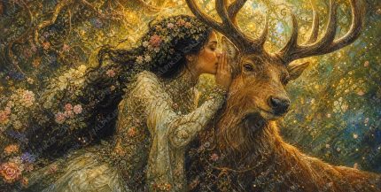 A graceful woman with a long face shape, hazel eyes, black hair flowing loose, tanned skin tone, appearing in her late 30s with a serene expression, wearing a high necked, long sleeved, floor length flowing gown that extends to