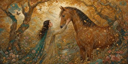 A museum quality 2 1 panoramic masterpiece combining Persian miniature art with ultra photorealistic elements. A woman in a long flowing dress with high neckline and long sleeves stands in an enchanted forest, mid motion reachi