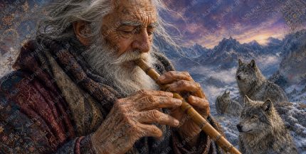 A museum quality 2 1 ultra detailed masterpiece in ethereal Persian miniature painting style showing an ancient, mystical moment on a lonely mountain peak. Close up perspective focusing on the elderly man's weathered hands (3)