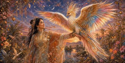 A museum quality 2 1 ultra detailed organic fantasy illustration in ethereal romantic miniature painting style showing a graceful Persian woman in a high necked, long sleeved, floor length gown standing quietly in awe as th (3)