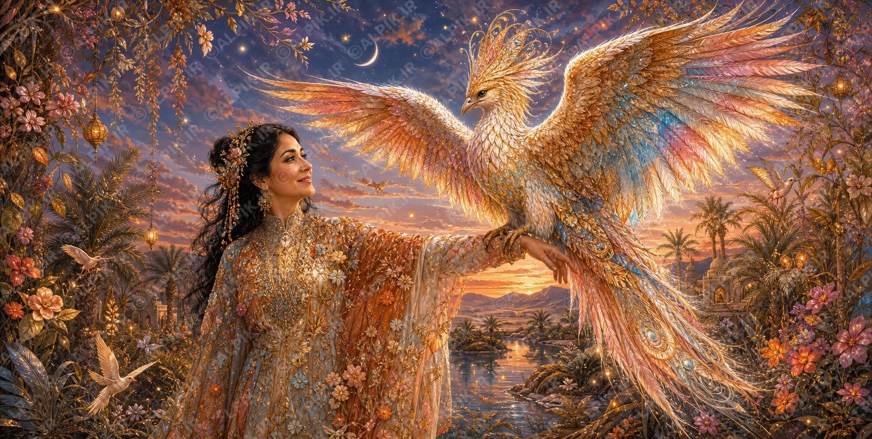 alpik-2151269.jpg A museum quality 2 1 ultra detailed organic fantasy illustration in ethereal romantic miniature painting style showing a graceful Persian woman in a high necked, long sleeved, floor length gown standing quietly in awe as th (3)