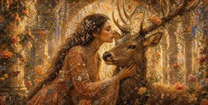 A museum quality 2 1 ultra detailed organic fantasy illustration in ethereal romantic miniature painting style showing a graceful woman in a high necked, long sleeved, floor length gown leaning in to whisper to a graceful s (2)