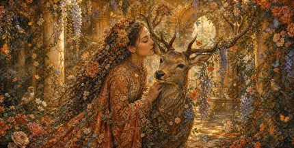 A museum quality 2 1 ultra detailed organic fantasy illustration in ethereal romantic miniature painting style showing a graceful woman in a high necked, long sleeved, floor length gown leaning in to whisper to a graceful s (3)