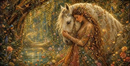 A museum quality 2 1 ultra detailed organic fantasy illustration in ethereal romantic miniature painting style showing a graceful woman in a high necked, long sleeved, floor length gown resting her head upon a mystical whit (1)