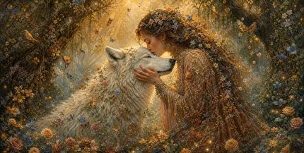 A museum quality 2 1 ultra detailed organic fantasy illustration in ethereal romantic miniature painting style showing a graceful woman in a high necked, long sleeved, floor length gown softly kissing the forehead of a maje (2)