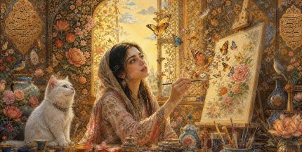 A museum quality Persian miniature masterpiece showing a young woman painter in flowing Persian robes, caught in the magical moment of painting flowers on a canvas that are transforming into real butterflies and flying away (2)