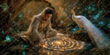 A young graceful Iranian woman in elegant conservative Persian garments with high collar, long sleeves, fully covered shoulders, arms, chest and neck, flowing fabric, sitting cross legged in a hidden grotto beside an undergroun