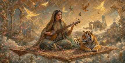 A young graceful Iranian woman in elegant conservative Persian garments with high collar, long sleeves, fully covered shoulders, arms, chest and neck, flowing fabric, sitting cross legged on an ornate carpet suspended in mid ai