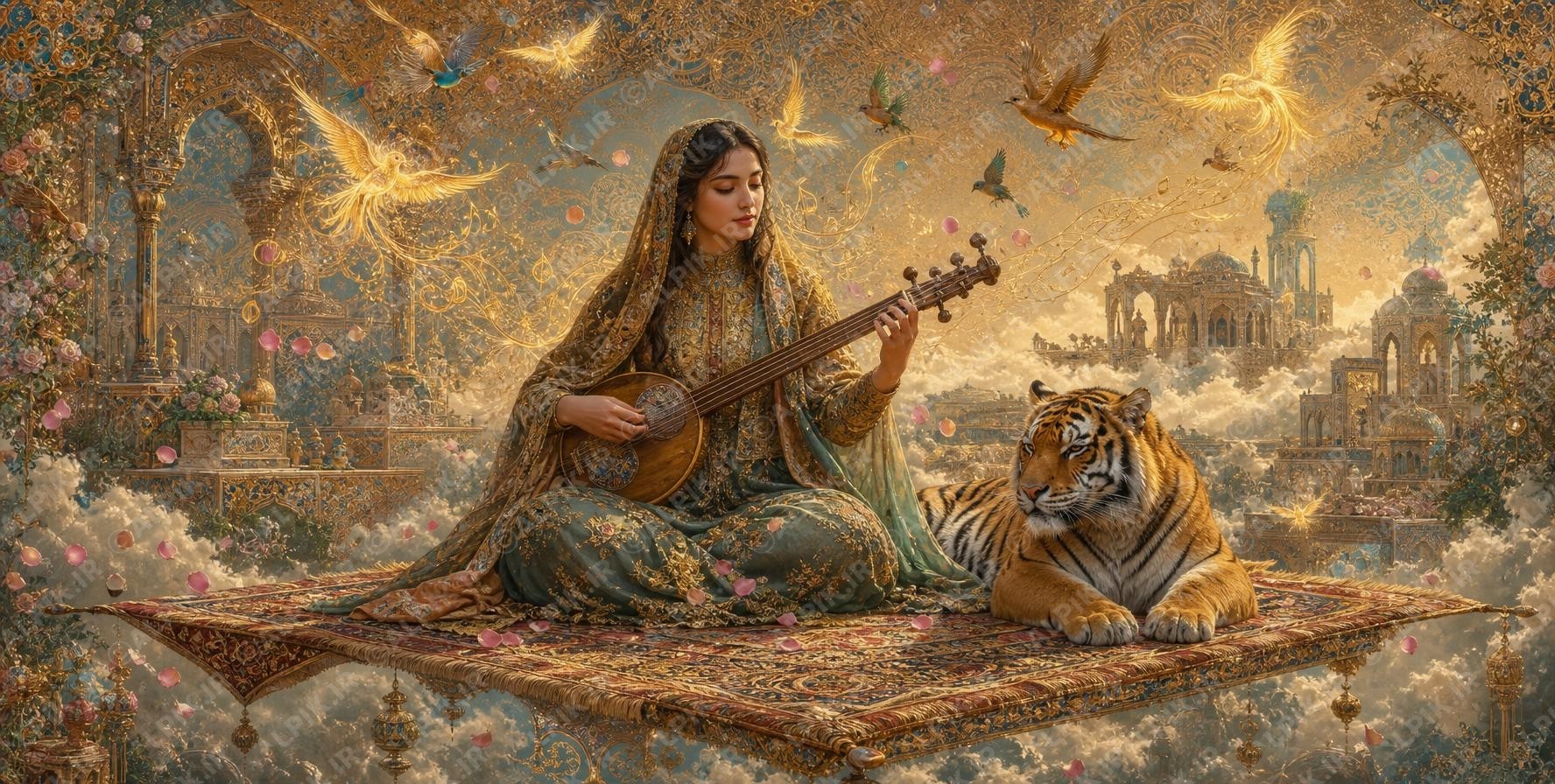 alpik-2154830.jpg A young graceful Iranian woman in elegant conservative Persian garments with high collar, long sleeves, fully covered shoulders, arms, chest and neck, flowing fabric, sitting cross legged on an ornate carpet suspended in mid ai