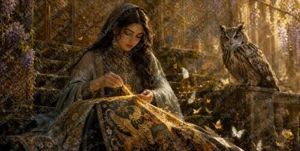 A young graceful Iranian woman in elegant conservative Persian garments with high collar, long sleeves, fully covered shoulders, arms, chest and neck, flowing fabric, sitting on moss covered ancient stone steps in a hidden gard