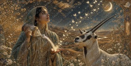 A young graceful Iranian woman in elegant conservative Persian garments with high collar, long sleeves, fully covered shoulders, arms, chest and neck, flowing fabric, standing at the edge of a moonlit desert, carefully pouring