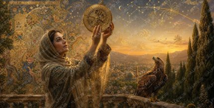 A young graceful Iranian woman in elegant conservative Persian garments with high collar, long sleeves, fully covered shoulders, arms, chest and neck, flowing fabric, standing on a weathered stone terrace overlooking a valley,