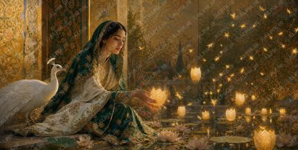 A young graceful Iranian woman in mid action kneeling beside a still pool of water, gently releasing luminous paper lanterns that float upward and transform into glowing fireflies. She wears elegant conservative Persian gar (3)