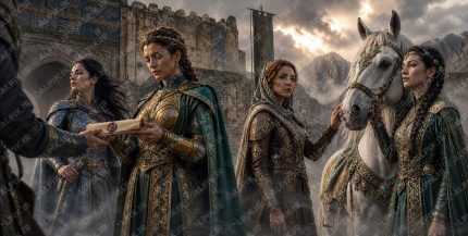 Ultra detailed 8K cinematic Persian epic masterpiece A mysterious dawn ceremony before the ancient fortress gates. Four female guardians stand in a solemn ritual formation as the commander receives an ornate sealed scroll from