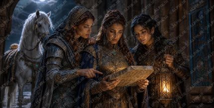 Ultra detailed 8K cinematic Persian epic masterpiece A mysterious discovery inside the ancient fortress at moonlit blue night. Three female guardians examine an ancient carved stone tablet while the white horse stands watchful