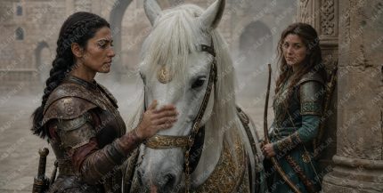 Ultra realistic cinematic historical photograph from a high budget Sasanian Persian epic film, 2 1 aspect ratio. Scene An intimate moment of trust ROSHANAK the Veteran Warrior (age 31 36, diamond shaped face with longer prop