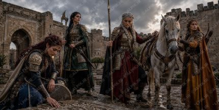 Ultra realistic cinematic historical photograph warriors returning from a distant mission, exhausted bu result