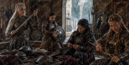 Ultra realistic historically accurate Sasanian fortress ancient armory at soft daylight, authentic cinematic historical photograph capturing all four elite guardians during equipment maintenance session. Scene takes place in an