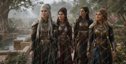 Ultra realistic historically accurate Sasanian Persian garden at morning mist, authentic cinematic historical photograph capturing all four elite guardians during peaceful morning moment in ancient royal garden. Scene takes pla result