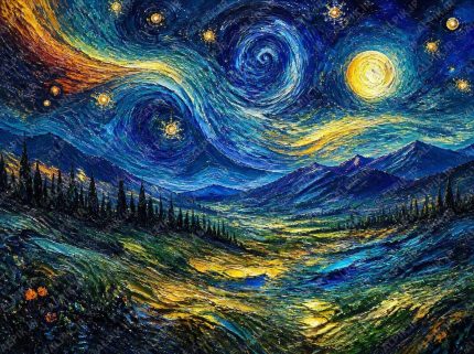 نقاشی منظره کوهستان به سبک شب پر ستاره ون‌گوگ