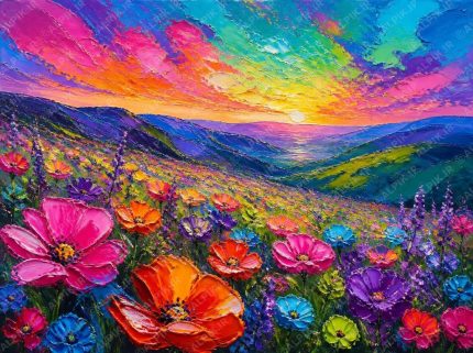 نقاشی دشت گلهای رنگارنگ در غروب