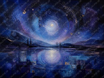 نقاشی رویایی شب پر ستاره و دریاچه