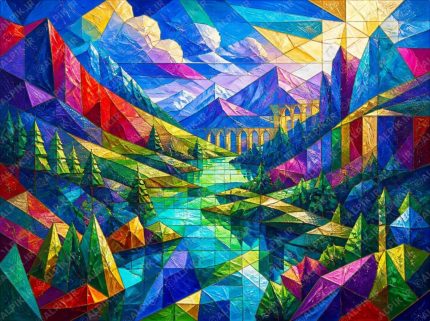 منظره کوهستان با سبک موزاییک رنگارنگ