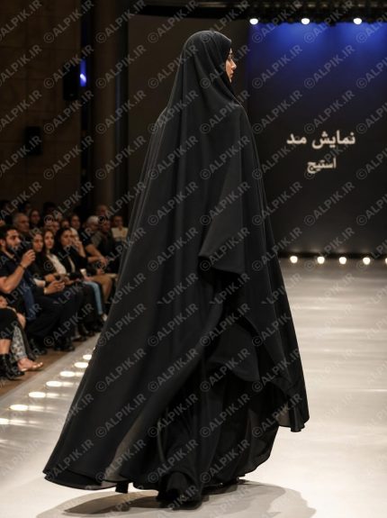 مدل با پوشش چادر مشکی در نمایش مد اسلامی