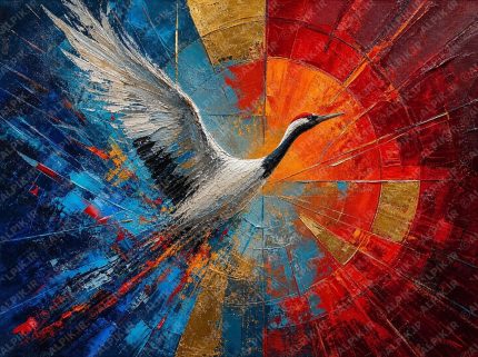 پرواز درنای سپید در تلاطم رنگ‌ها