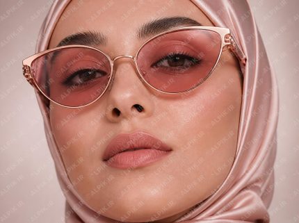 عینک آفتابی زنانه صورتی با فریم گربه‌ای و حجاب ابریشمی