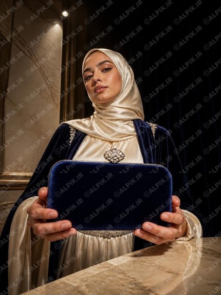 کیف کلاچ مخمل سرمه‌ای زنانه با قفل نگین‌دار