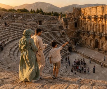 بازدید خانواده از آمفی‌تئاتر باستانی آسپندوس در آنتالیا