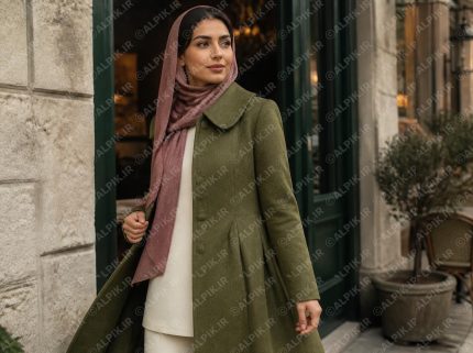 مدل پالتو زمستانه زنانه شیک با شال صورتی