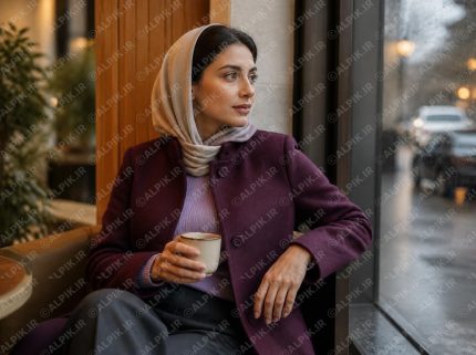 عکس استایل پاییزی زنانه با پالتو فوتر بنفش و شال