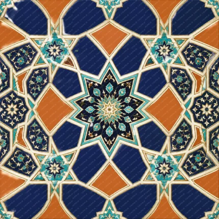 پترن تکرارشونده کاشی‌کاری سنتی ایرانی با طرح گره‌چینی اسلیمی